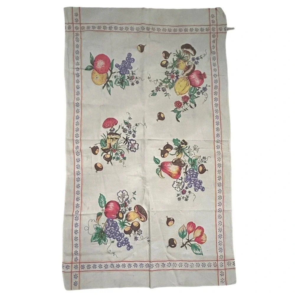 Vintage 80s Tea Towel Mushroom Fruit Botanical Cotton Cottagecore Farmhouse